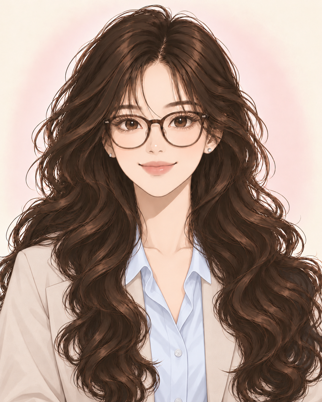 自然职场风漫画女性头像：正面长卷发、棕色眼镜、淡妆，身穿米灰色西装与浅蓝衬衫，微笑看向前方